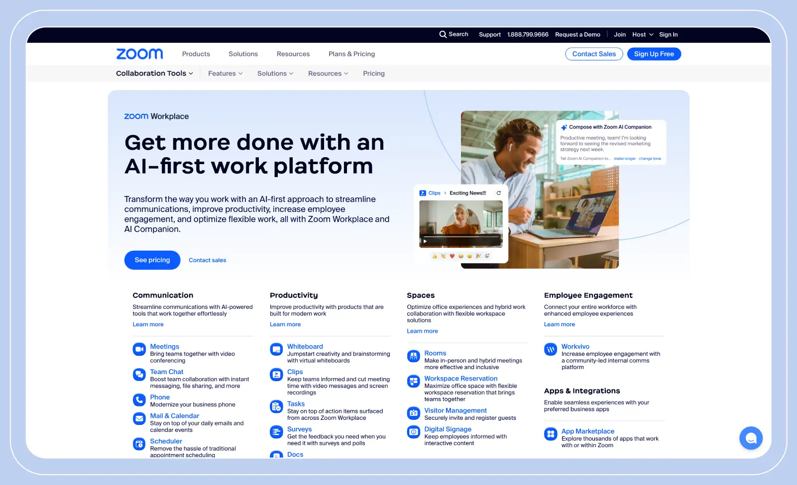 Stylized screenshot of the Zoom Workplace website landing page, showcasing the different features offered by the platform.