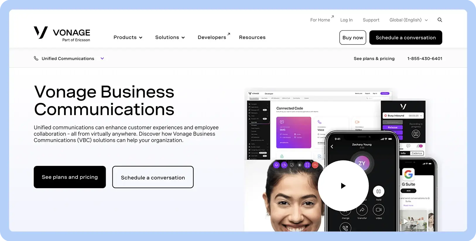 Screenshot of Vonage Business Communications website