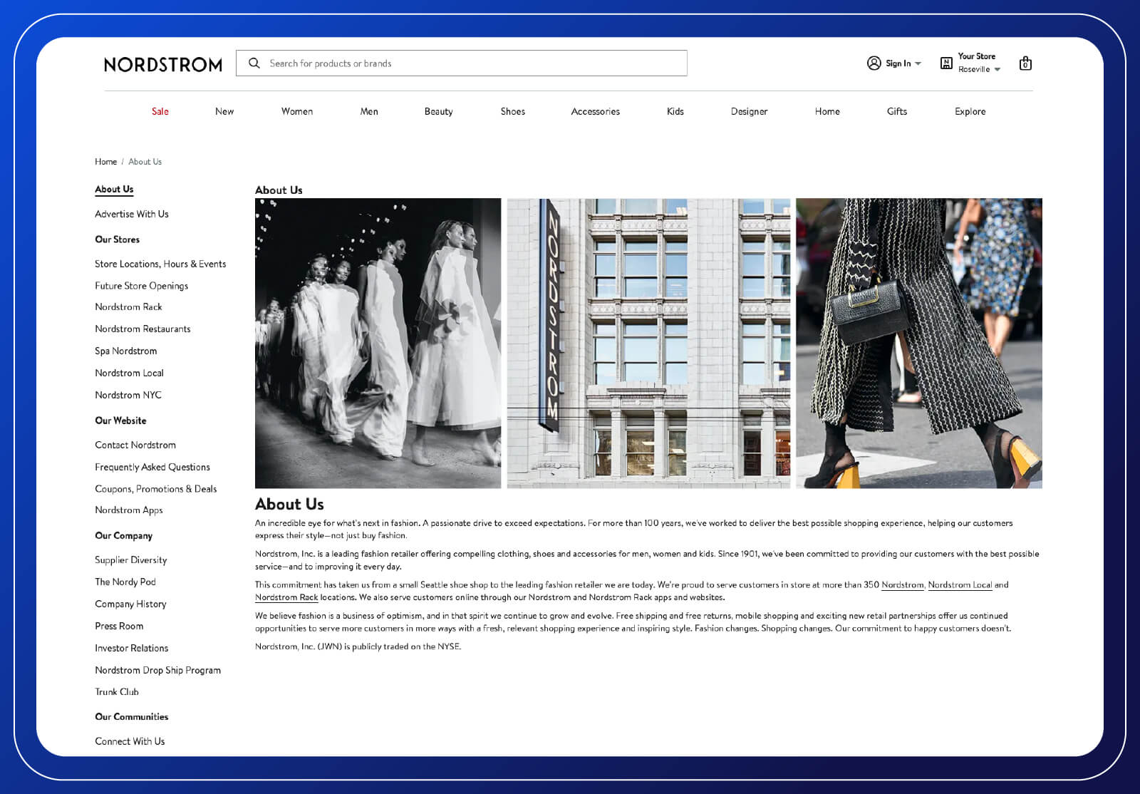Nordstrom’s about us page describing company story and mission to deliver top-tier shopping experiences.