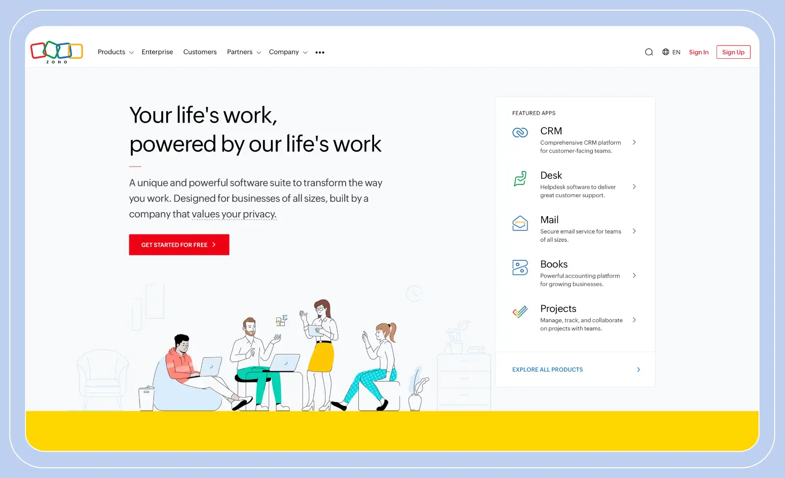 Stylized screenshot of the Zoho Meeting website landing page, showcasing the different features offered by the platform.